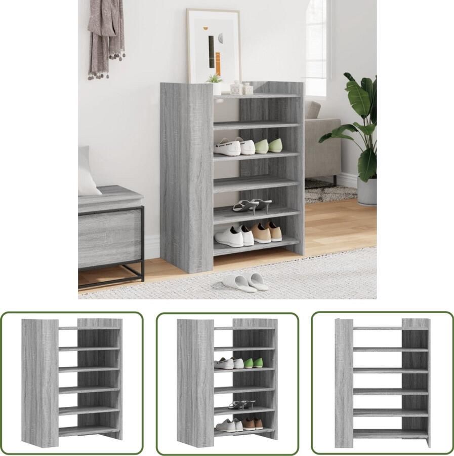 The Living Store Schoenenkast 74 5x37 5x100 cm bewerkt hout grijs sonoma eiken Schoenenkast Houten Schoenenkast Grijze Schoenenkast Schoenenopbergers Organisatie Kast