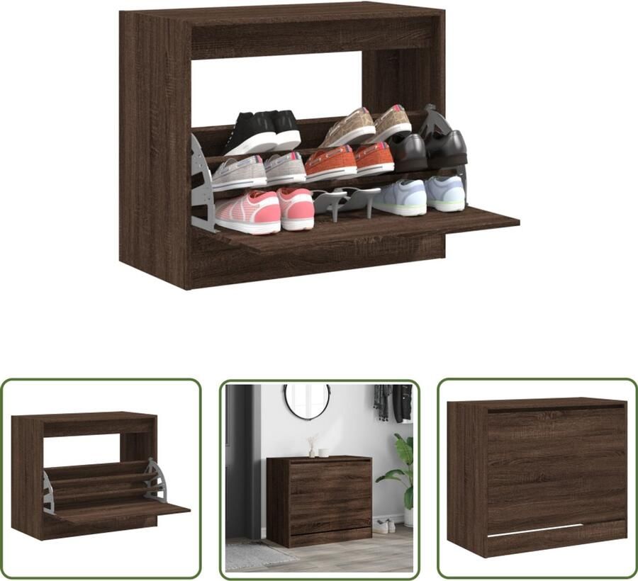 The Living Store Schoenenkast 80x42x69 cm bewerkt hout bruin eikenkleur Schoenenkast Houten Schoenenkast Compact Schoenenkast Schoenen Opberg Oplossing Kleine Schoenenkast
