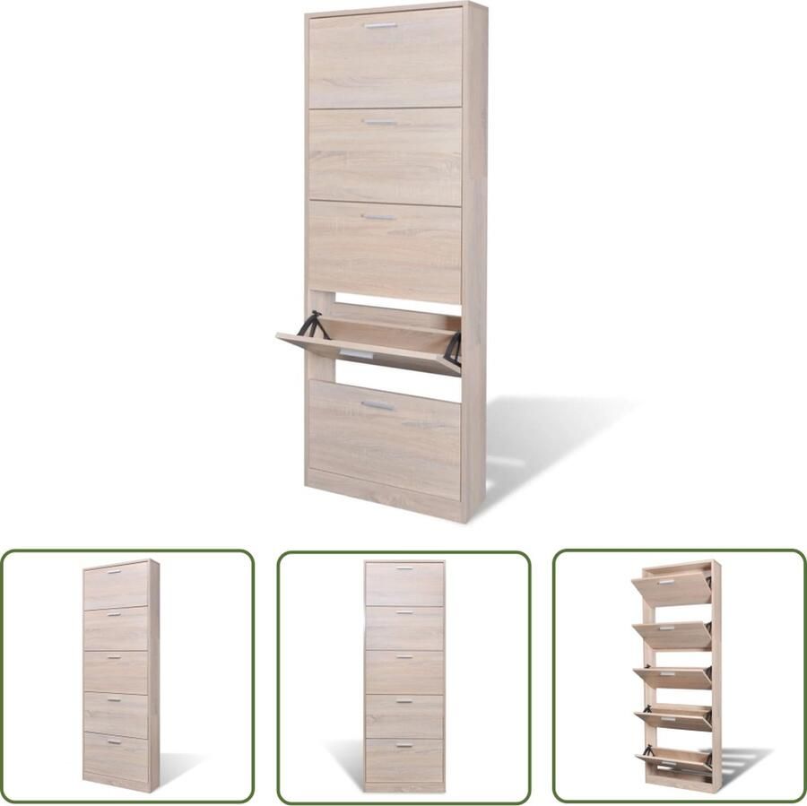 The Living Store Schoenenkast Hout Eiken 59 x 17 x 169 cm 5 opbergvakken Schoenenkast Houten Schoenenkast Schoenen Organisatie Opslagruimte Entree Meubilair - Foto 2
