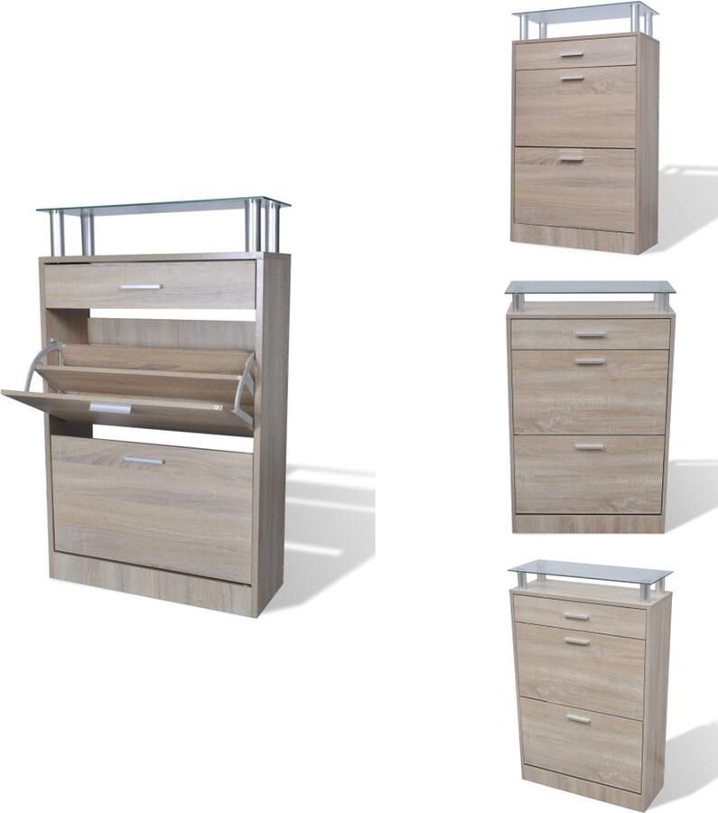 VidaXL Houten Schoenenkast Houten Schoenenkasten Schoenenkast Schoenenkasten Schoenenkast met lade en glazen bovenschap eiken-look