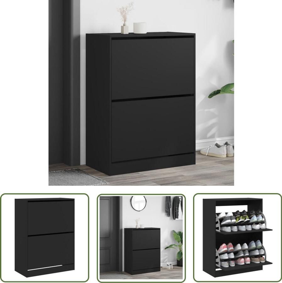 VidaXL Houten Schoenenkast met 2 klaplades 80x42x108 cm zwart Zwarte Schoenenkast Schoenenopbergkast Compact Schoenenkast