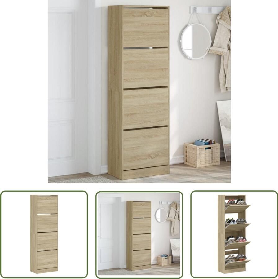 VidaXL Houten Schoenenkast met 4 klaplades 60x34x187 5 cm sonoma eikenkleurig Schoenen Organisatie Bergruimte Vintage Schoenenkast