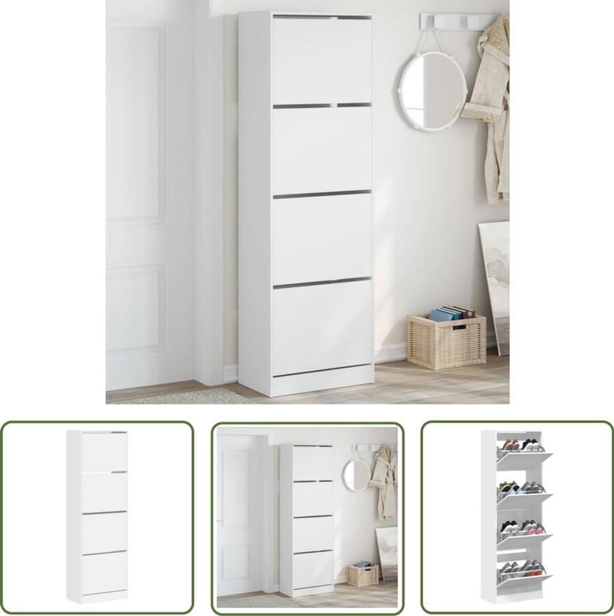 VidaXL Houten Schoenenkast met 4 klaplades 60x34x187 5 cm wit Schoenenkast Compacte Schoenenkast Ruime Schoenenkast