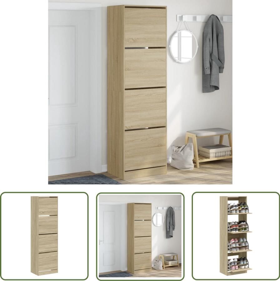 VidaXL Houten Schoenenkast met 4 klaplades 60x42x204 cm sonoma eikenkleurig Schoenenopbergkast Bruine Schoenenkast Moderne Schoenenkast