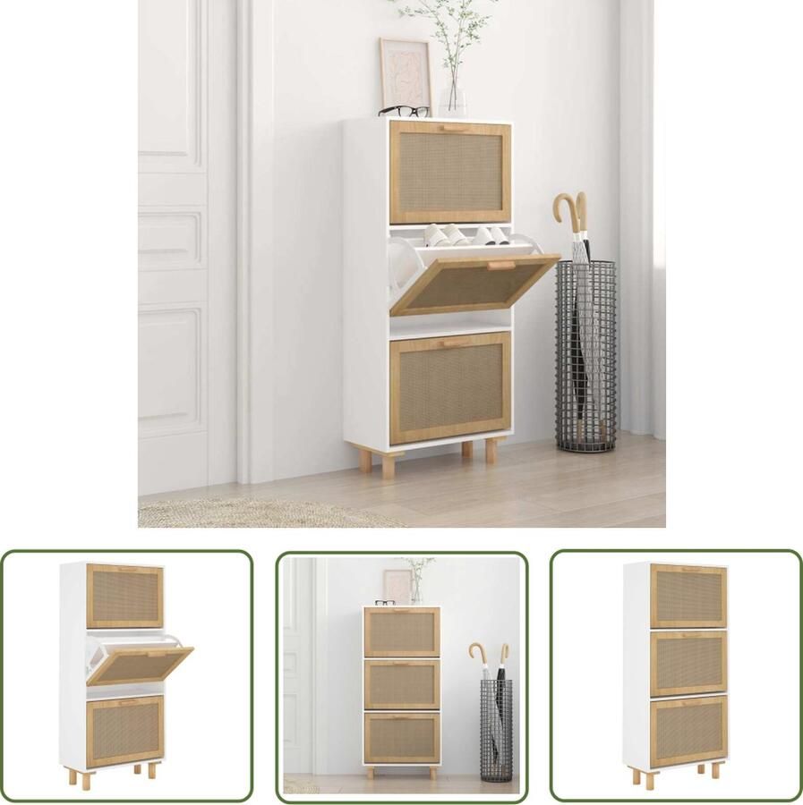 The Living Store Schoenenkast 52x25x115 cm bewerkt hout en natuurlijk rattan wit Scandinavische Schoenenkast Houten Schoenenkast Schoenenkasten Wit Schoenenkast Met Lades Opbergkast Schoenen - Foto 2