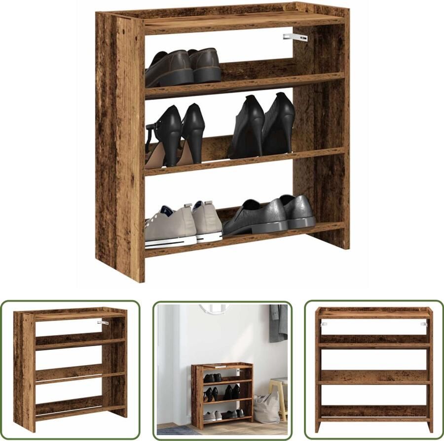VidaXL Schoenenrek 60x25x62 cm bewerkt hout oud houtkleurig Schoenenrek Houten Schoenenkast Schoenenopbergers Vintage Schoenenrek Entryway Furniture
