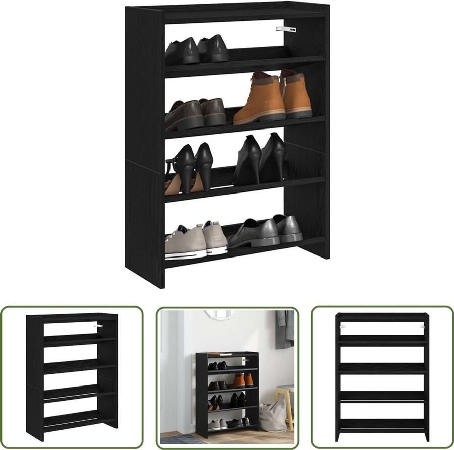 VidaXL Houten Schoenenkast Schoenenrek 60x25x81 cm bewerkt hout zwart Schoenenopbergers Entryway Furniture Hal Meubilair