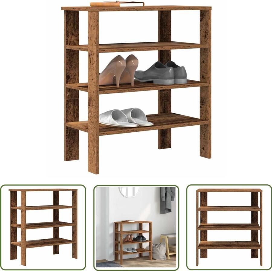 VidaXL Houten Schoenenkast Schoenenrek 61x32x70 cm bewerkt hout oud houtkleurig Opbergplank Entree Kast Vintage Schoenenrek