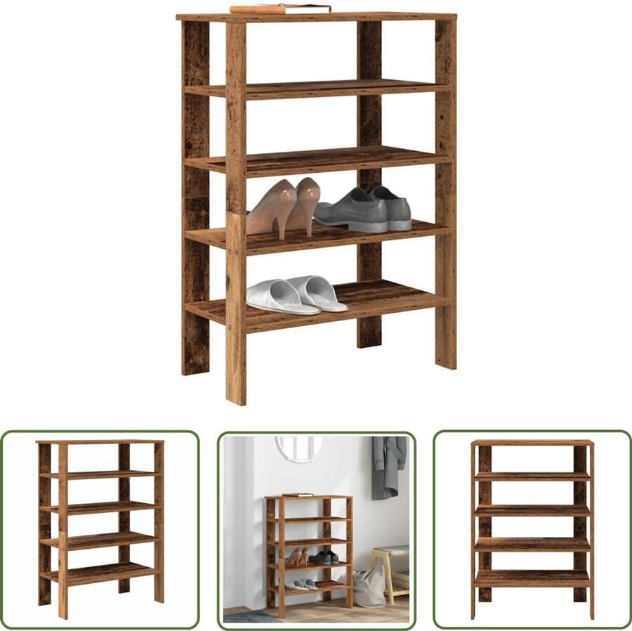 VidaXL Houten Schoenenkast Schoenenrek 61x32x87 5 cm bewerkt hout oud houtkleurig Vintage Schoenenstandaard Opbergplank Entryway Furniture