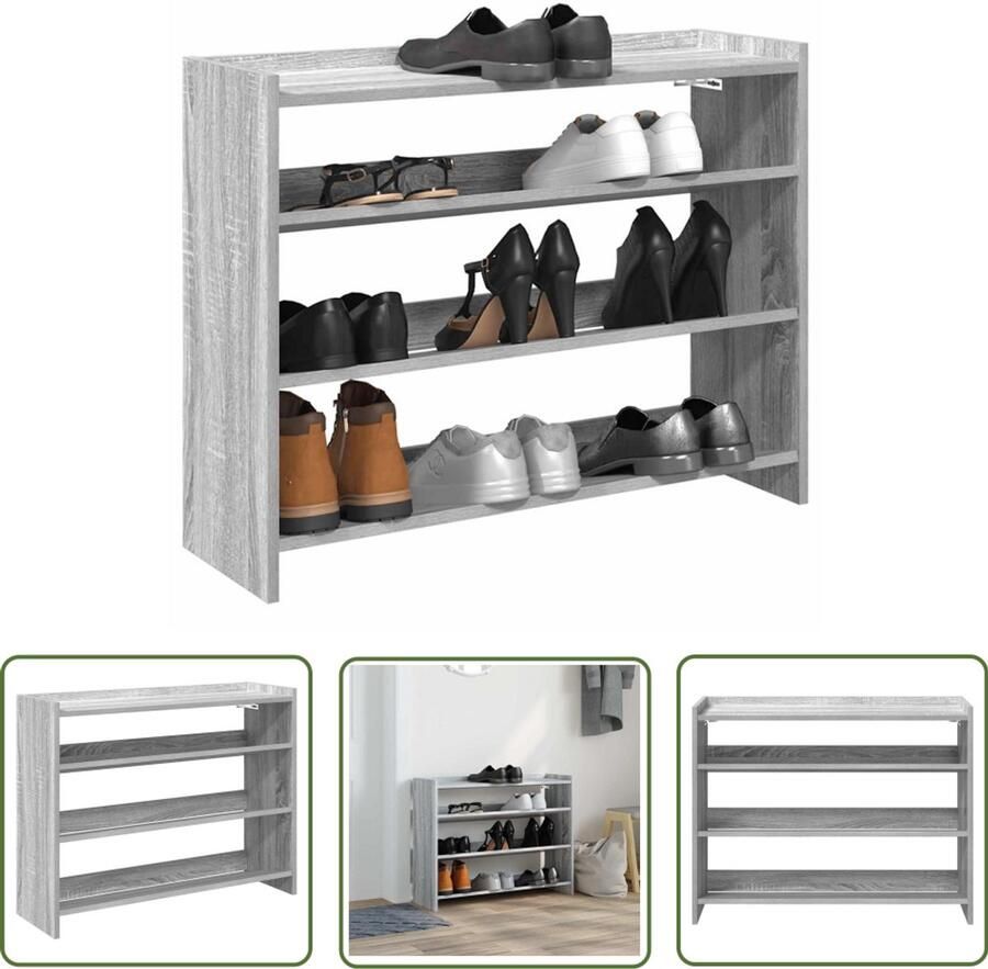 VidaXL Houten Schoenenkast Schoenenrek 80x25x62 cm bewerkt hout grijs sonoma eikenkleur Schoenen Organisatie Opbergruimte Entree Kast