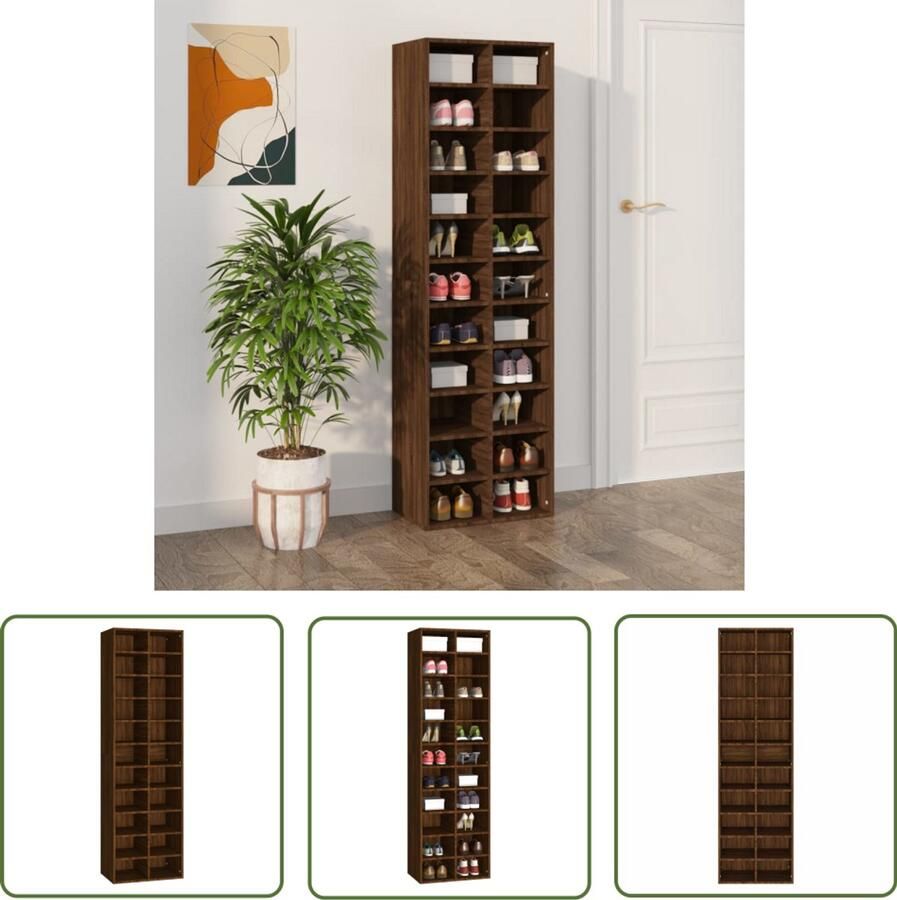 The Living Store Schoenenrekken 183 cm 22 schappen Bruineiken Bewerkt hout Schoenenrek Houten Schoenenkast Bergruimte Entree Meubilair Schoenuitlegers - Foto 2