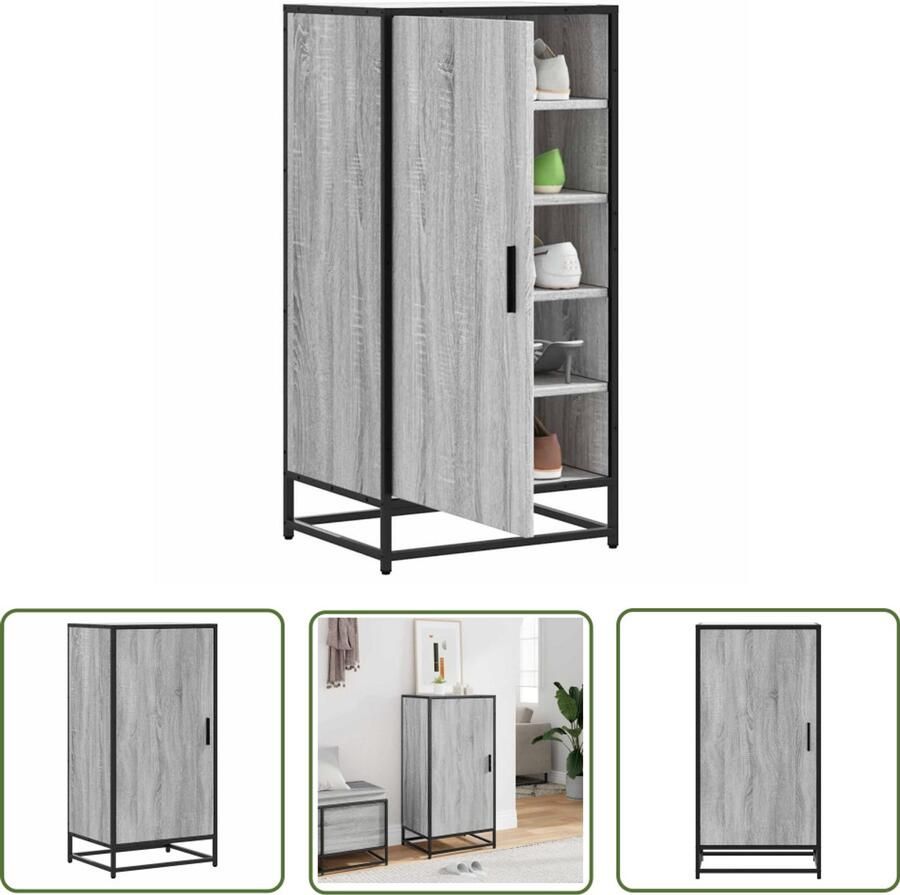 VidaXL Houten Schoenenrek 48x38x97 5 cm bewerkt hout grijs sonoma eikenkleur Grijze Schoenenkast Schoenenopbergers Entree Kast