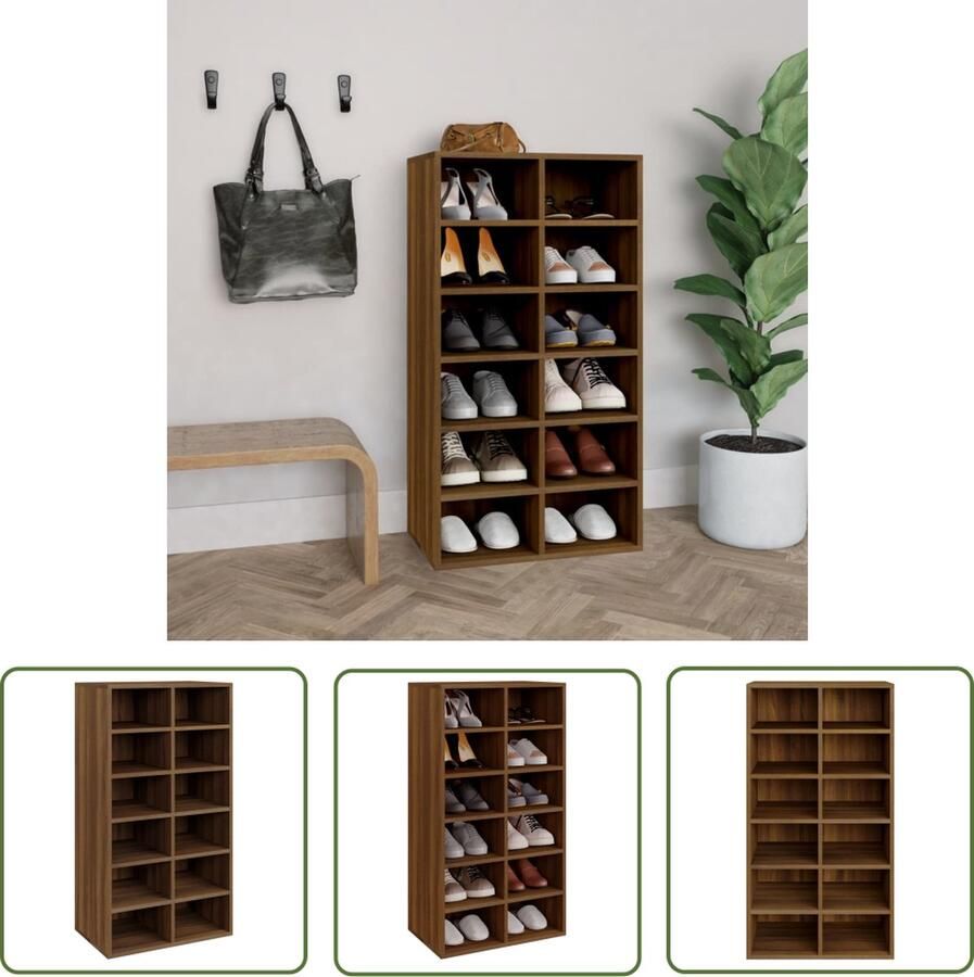 The Living Store Schoenenrek 12 Vakken 54 x 34 x 100.5 cm Bewerkt hout Bruineiken Schoenenrek Houten Schoenenrek Schoenen Kast Shoe Rack Bergruimte - Foto 2