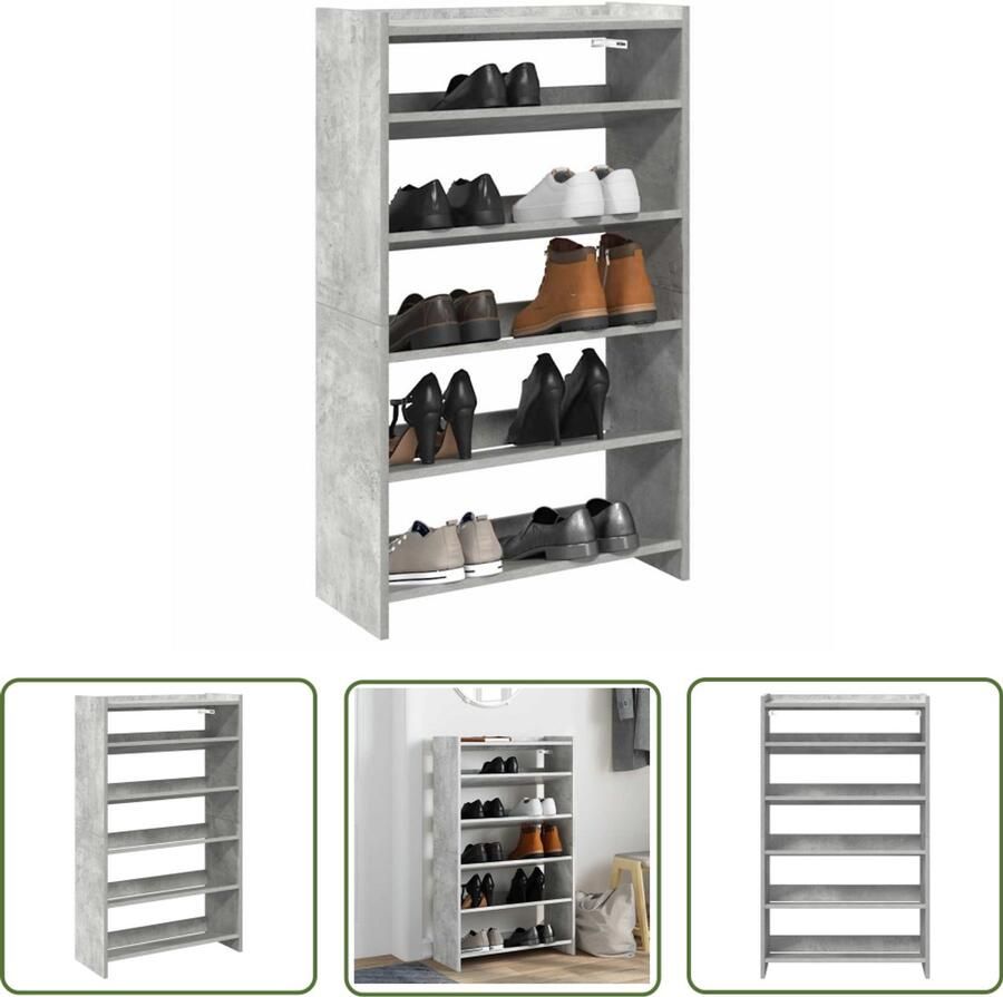 VidaXL Houten Schoenenrek 60x25x100 cm bewerkt hout betongrijs Schoenenkast Bergruimte Organisatie