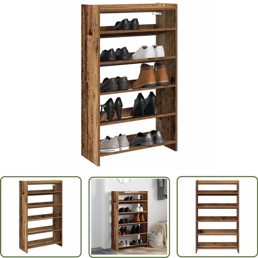 VidaXL Houten Schoenenrek 60x25x100 cm bewerkt hout oud houtkleurig Schoenenkast Opbergvakken Entryway Furniture