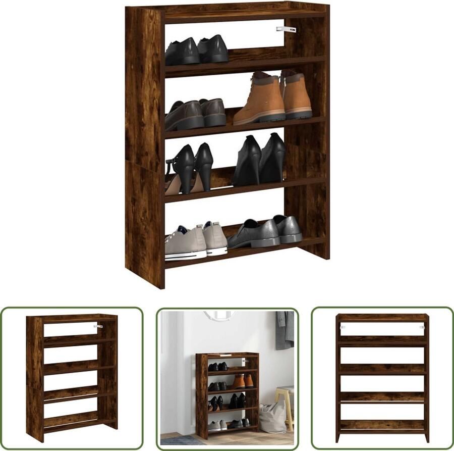 VidaXL Houten Schoenenrek 60x25x81 cm bewerkt hout gerookt eikenkleurig Schoenenkast Entree Kast Bergruimte