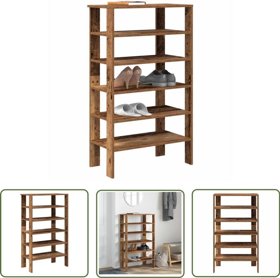 VidaXL Houten Schoenenrek 61x32x105 cm bewerkt hout oud houtkleurig Vintage Schoenenkast Entree Kast Gang Kast