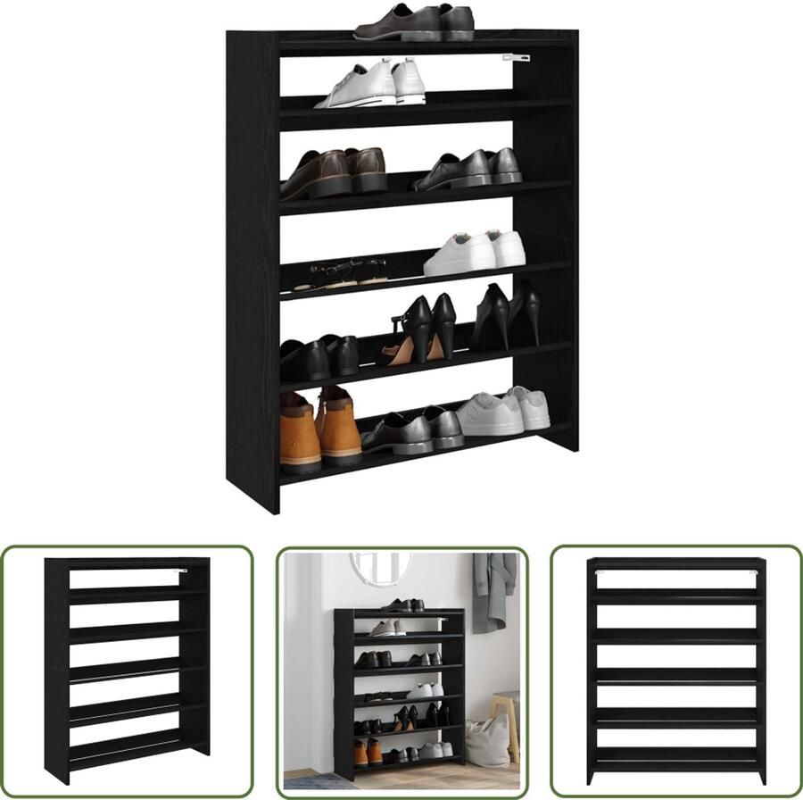 VidaXL Houten Schoenenrek 80x25x100 cm bewerkt hout zwart Schoenenkast Entree Kast Gang Kast