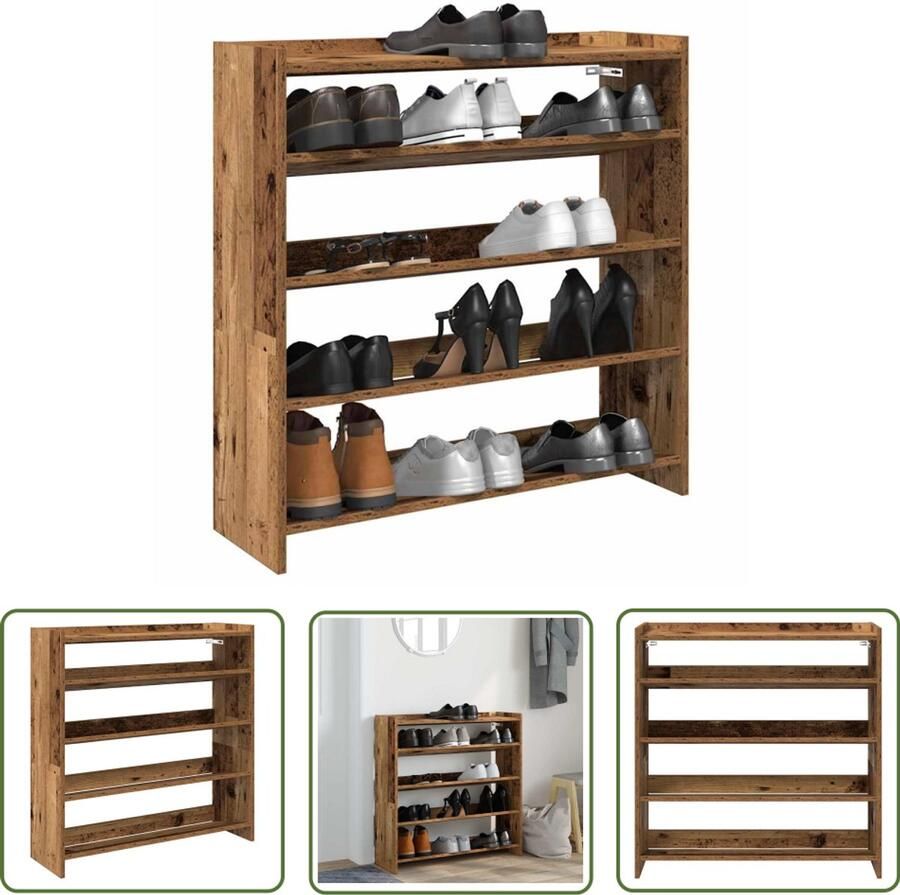 VidaXL Houten Schoenenrek 80x25x81 cm bewerkt hout oud houtkleurig Entree Kast Gangkast Schoenenopbergers