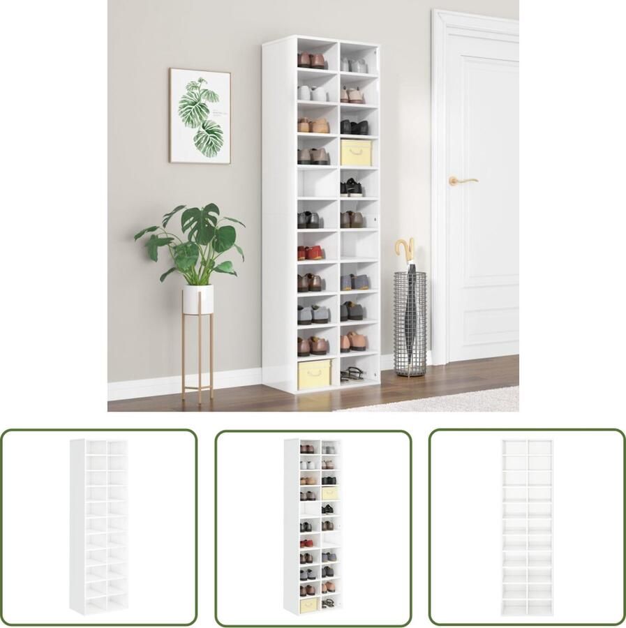 The Living Store Schoenenrek Hoogglans wit Gemaakt van bewerkt hout Afmetingen- 54 x 34 x 183 cm Met 22 schappen Schoenenrek Houten Schoenenrek Schoenen Organisatie Opslagruimte Entree Meubilair - Foto 2