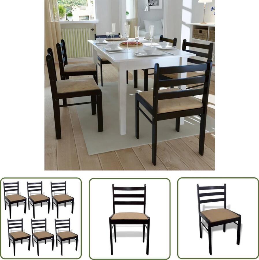 The Living Store Eetkamerstoelen 6 st massief hout en fluweel bruin Eetkamerstoelen Houten Stoelen Landelijke Stoelen Vintage Stoelen Bruine Stoelen - Foto 2