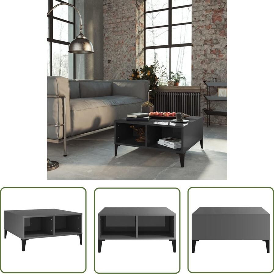 The Living Store Middentafel Hoogglans Grijs 60 x 60 x 30 cm Spaanplaat Metaal Salontafel Houten Tafel Grijze Tafel Middentafel Livingroom Meubilair - Foto 2