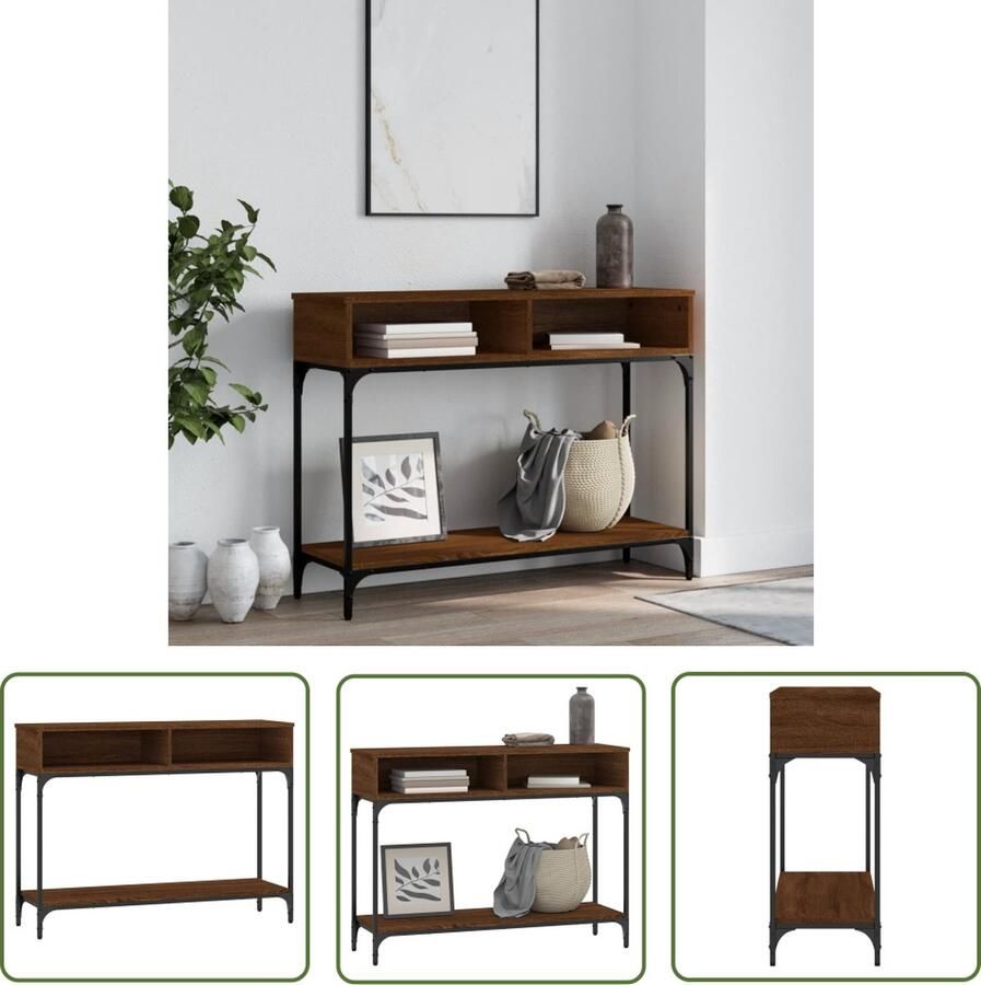 The Living Store Wandtafel Bruineiken 100 x 30.5 x 75 cm Duurzaam bewerkt hout en metaal Wandtafel Houten Tafel Kast Met Lade Bergruimte Entreetafel