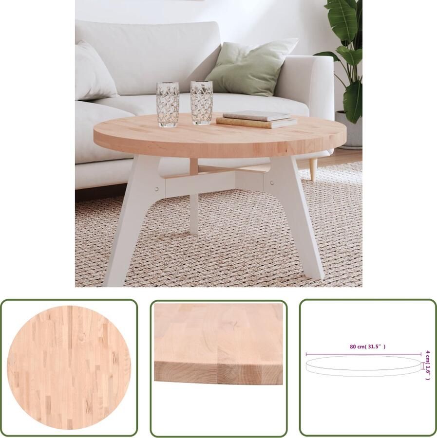 The Living Store Tafelblad rond Ø80x4 cm massief beukenhout Tafelblad Houten Tafelblad Beukenhouten Tafelblad Rond Tafelblad Salontafel Blad