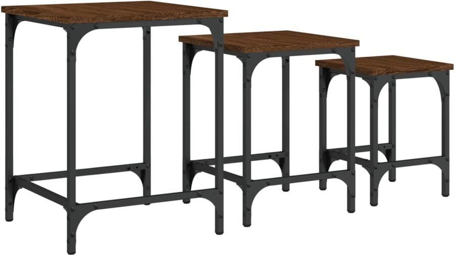 VidaXL Tafeltjesset Bruin Eiken 3-delig Bewerkt Hout Salontafel Set Industrieel Houten Salontafel Bijzettafel Multifunctionele Tafel