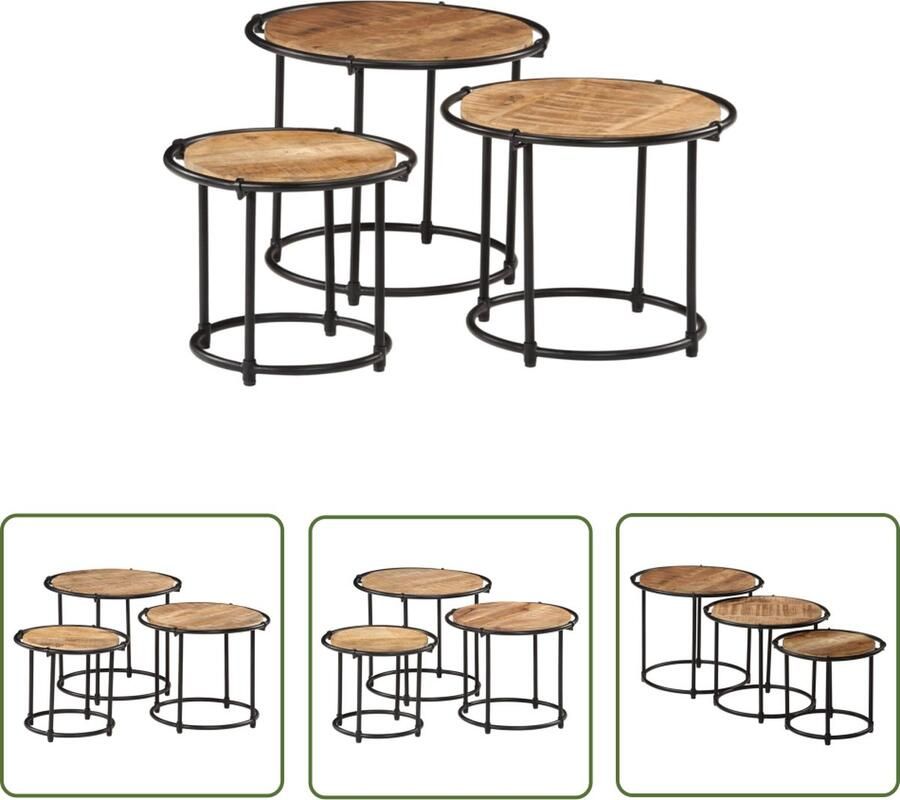 The Living Store Tafeltjesset 3 st massief ruw mangohout Mango Houten Tafeltjes Bijzettafels Salontafels Krukken Zitbank