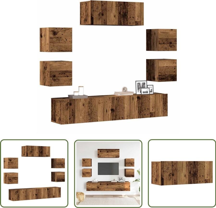 The Living Store 7-delig Tv-meubelset wandmontage bewerkt hout oud houtkleurig Tv Kast Houten Tv Kast Salontafel Media Kast Opbergkast