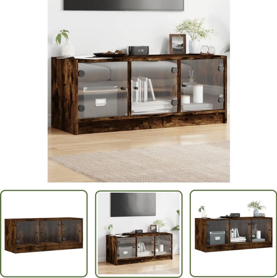 The Living Store Tv-meubel met glazen deuren 102x37x42 cm gerookt eikenkleurig Tv-meubel Houten Tv-standaard Mediabox Kast Met Glazen Deuren Bruine Tv-bank
