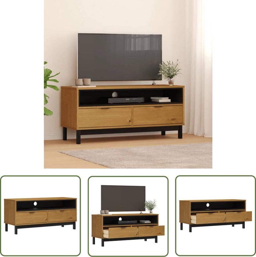 The Living Store FLAM Televisiekast 110 x 40 x 50 cm Massief grenenhout Eikenkleurige afwerking Tv Meubel Houten Tv Kast Grenenhout Tv Kast Eiken Kleurig Tv Meubel Salontafel