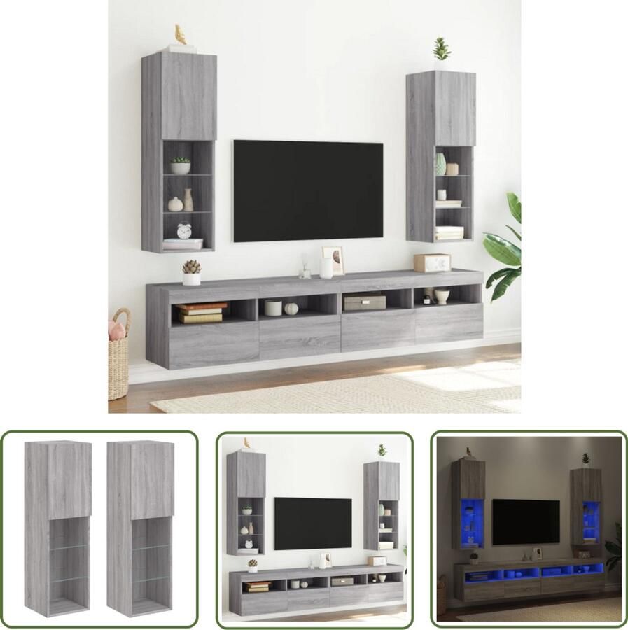 VidaXL Houten Tv Kast Tv Meubel Tv-meubels met LED-verlichting 2 st 30 5x30x102 cm grijs sonoma Led Tv Meubel Grijze Tv Kast Salontafel