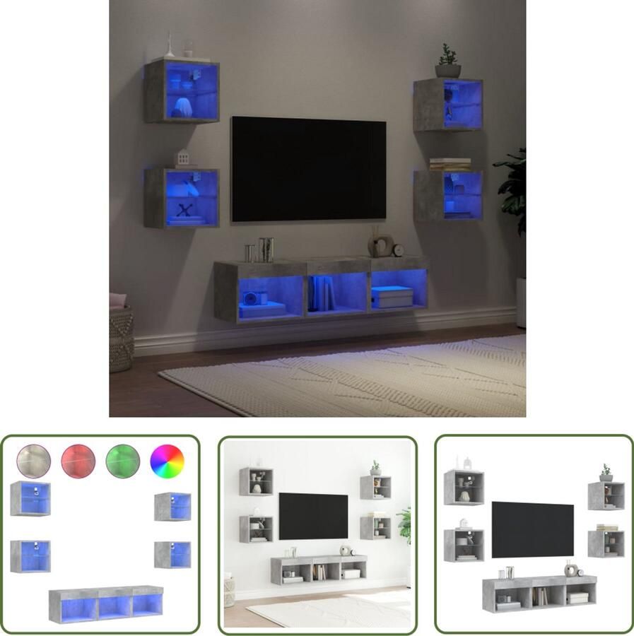 VidaXL Houten Tv Kast Tv Wandmeubel 7-delige Tv-wandmeubelset met LED bewerkt hout betongrijs Tv Salontafel Led Tv Meubel Modern Tv Meubel