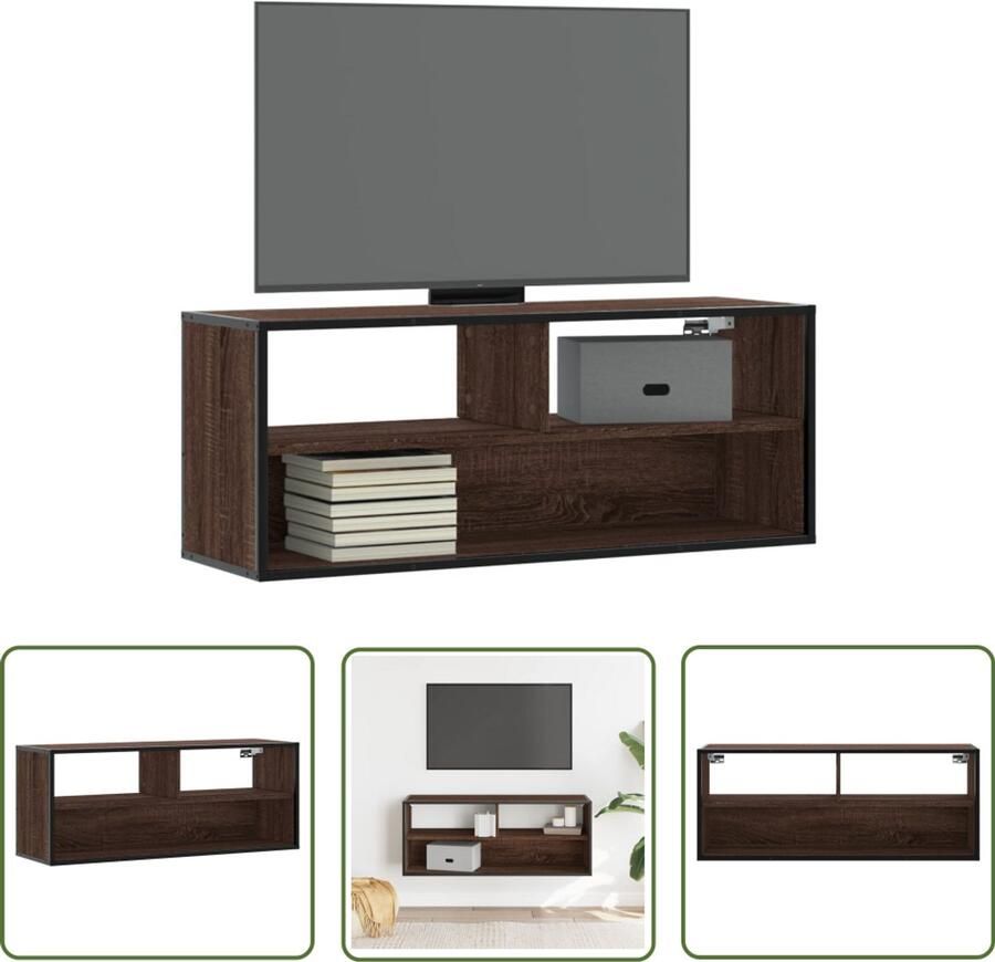 The Living Store Tv-meubel 100x31x39 5 cm bewerkt hout metaal bruin eikenkleurig Tv-meubel Houten Tv-meubel Industrieel Tv-meubel Salontafel Mediabox