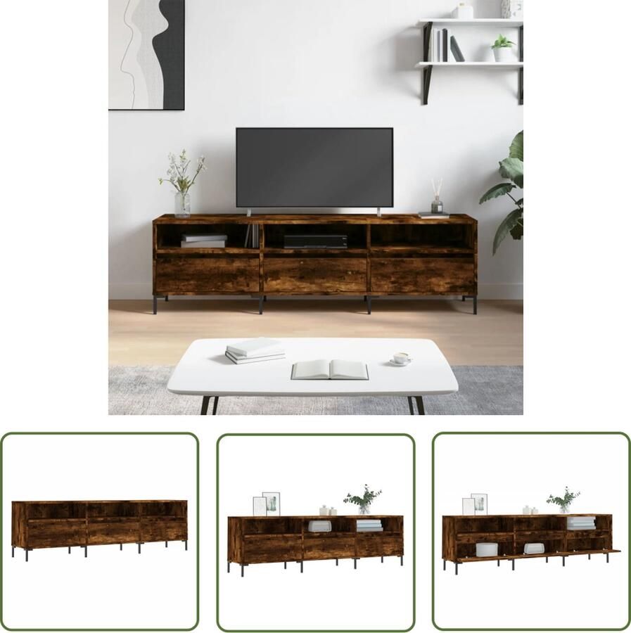 The Living Store TV-meubel Gerookt eiken 150 x 30 x 44.5 cm Opbergruimte Stabiel Tv-meubel Houten Tv-meubel Tv Kast Opbergruimte Bruine Tv-meubel - Foto 4
