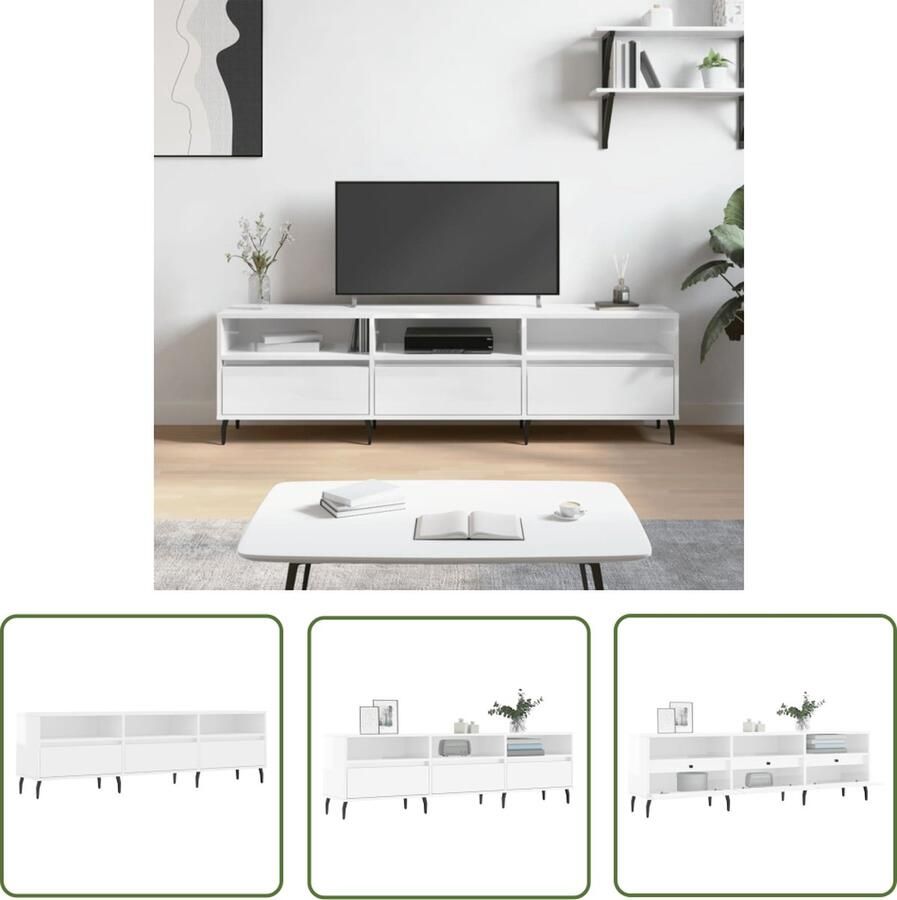 The Living Store TV-meubel praktisch en opvallend 150 x 30 x 44.5 cm hoogglans wit Tv-meubel Houten Tv-meubel Witte Tv-kast Media Kast Televisiekast - Foto 2