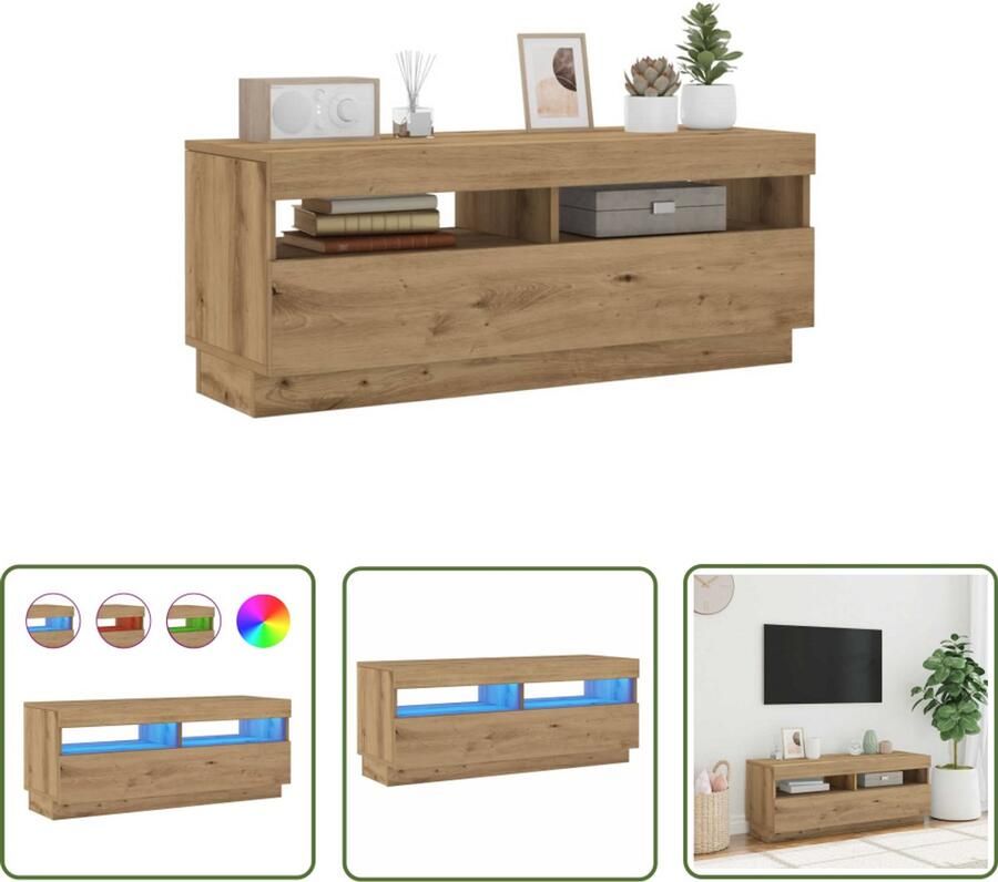 The Living Store Tv-meubel met LED 100x35x40 cm bewerkt hout artisanaal eiken Tv-meubel Houten Tv-meubel Televisiemeubilair Led Tv-meubel Rgb Verlichting