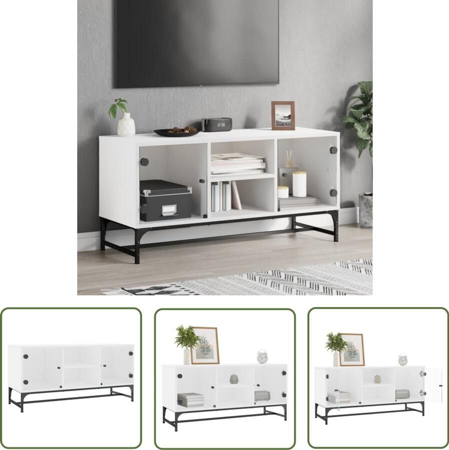 The Living Store Tv-meubel met glazen deuren 102x37x50 cm wit Tv-meubel Houten Tv-stand Wit Tv-meubel Mediaca St Opberg Kast