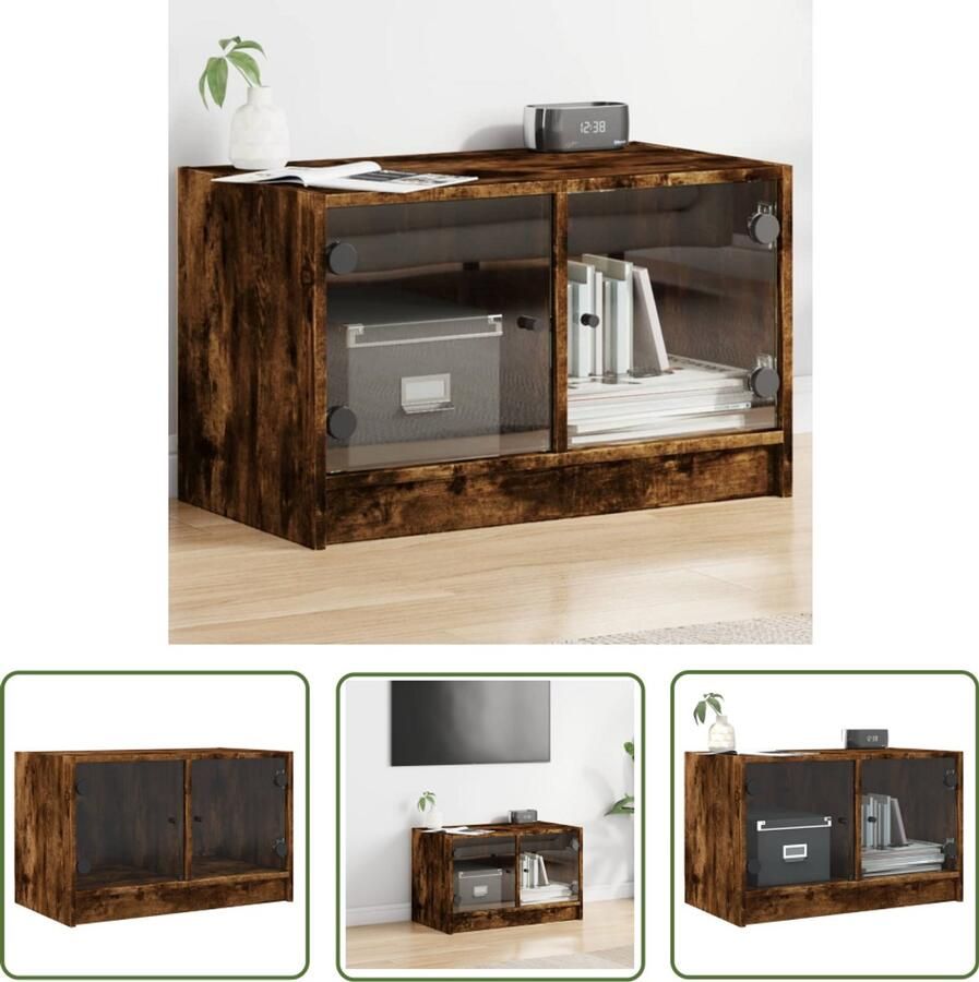 The Living Store Tv-meubel met glazen deuren 68x37x42 cm gerookt eikenkleurig Tv-meubel Houten Tv-stand Bruine Tv-bank Vintage Tv-tafel Mediabox