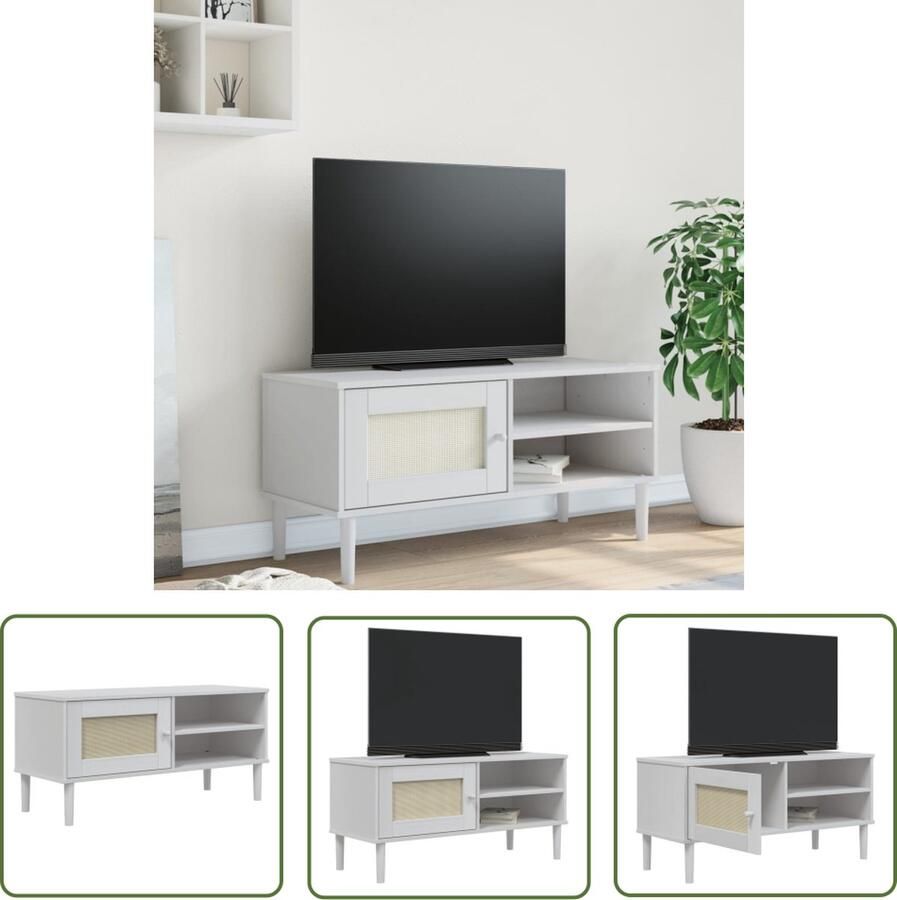 The Living Store SENJA tv-kast 106x40x49 cm Massief grenenhout UV-vernis Met rattan uitstraling Display functie Wit Tv-kast Houten Tv-standaard Salontafel Livingroom Meubilair Grenenhout Tv-kast