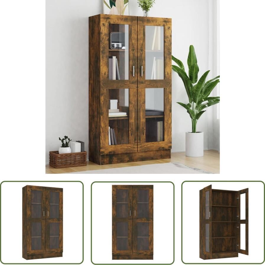 The Living Store gerookt eiken Vitrinekast 82.5 x 30.5 x 150 cm 4 vakken 2 glazen deuren Vitrinekast Houten Vitrinekast Boekenkast Opbergkast Vintage Kast - Foto 2