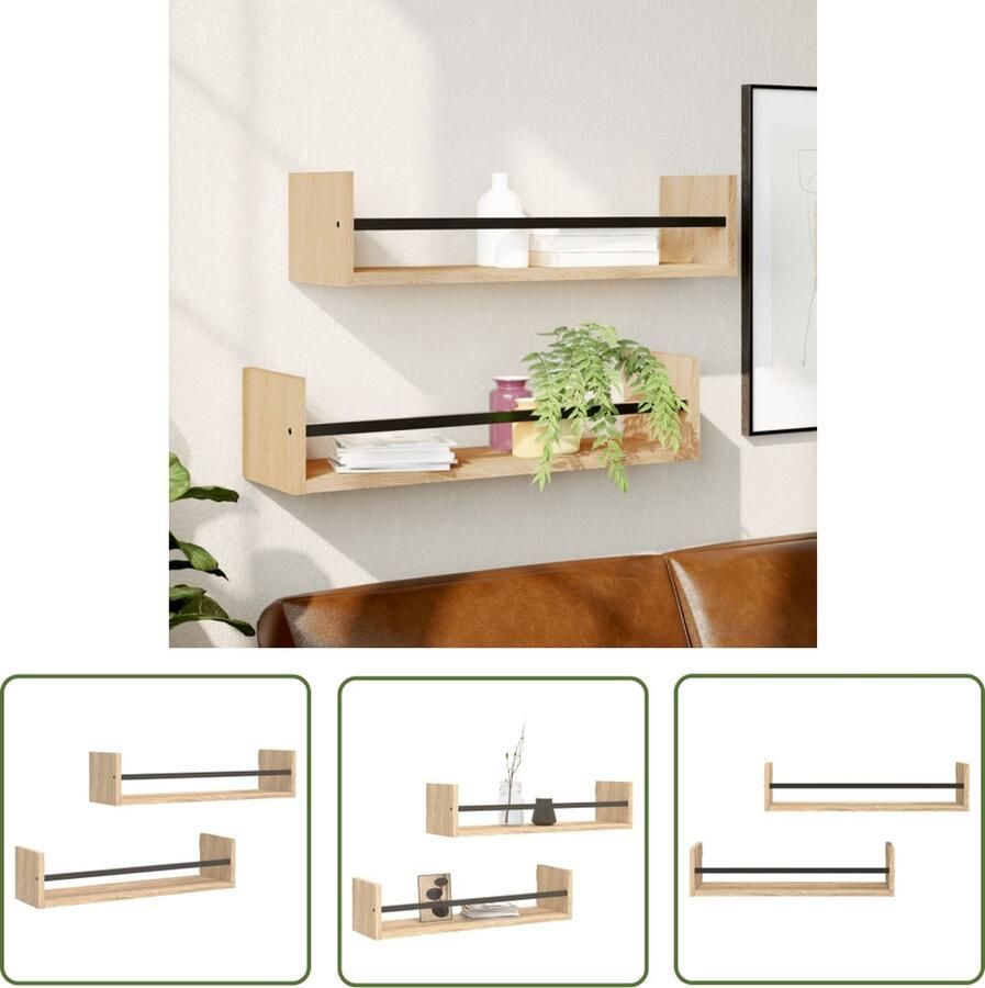VidaXL Houten Wanddecoratie Wandplanken Wandschappen met stangen 2 st 60x16x14 cm sonoma eikenkleurig Bruine Wandplank Sonoma Eiken Kleur Opslagoplossing