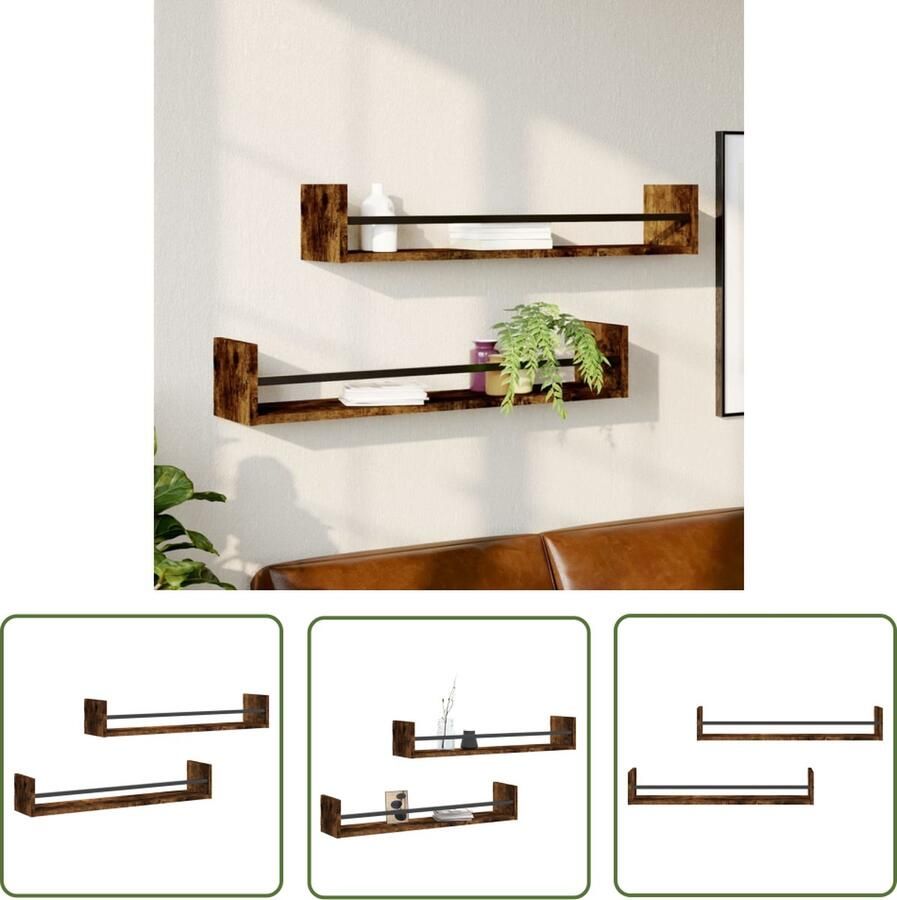 VidaXL Houten Wanddecoratie Wandplanken Wandschappen met stangen 2 st 80x16x14 cm gerookt eikenkleurig Bergruimte Opslagoplossing Industrieel Design