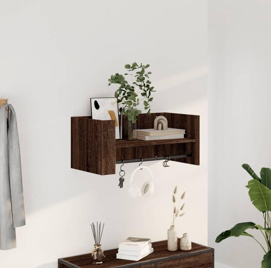 The Living Store Wandschap 70 5x35x30 5 cm bewerkt hout bruin eikenkleurig Zwevend Wandschap Houten Wandplank Bergruimte Muurschaap Opbergkast