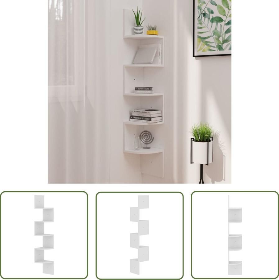 The Living Store Hoekwandschap 19x19x123 cm bewerkt hout wit Hoekwandschap Salontafel Woonaccessoires Tv Stand Houten Kast
