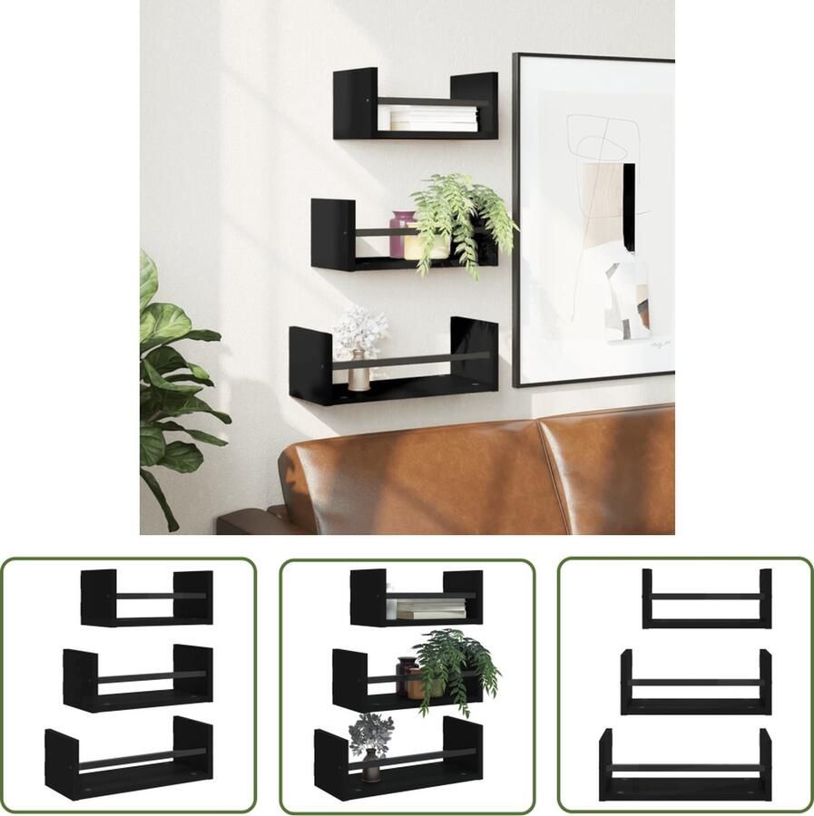 VidaXL 3-delige Wandschappenset met stangen bewerkt hout zwart Wanddecoratie Houten Wandplank Zwarte Wandplanken Opslagoplossing Muurschrank