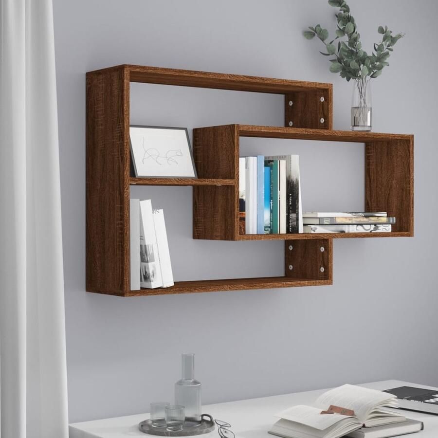 The Living Store Wandschap 104x20x58 5 cm bewerkt hout bruin eikenkleur Wanddecoratie Houten Wandplank Bergruimte Woonaccessoires Kastje