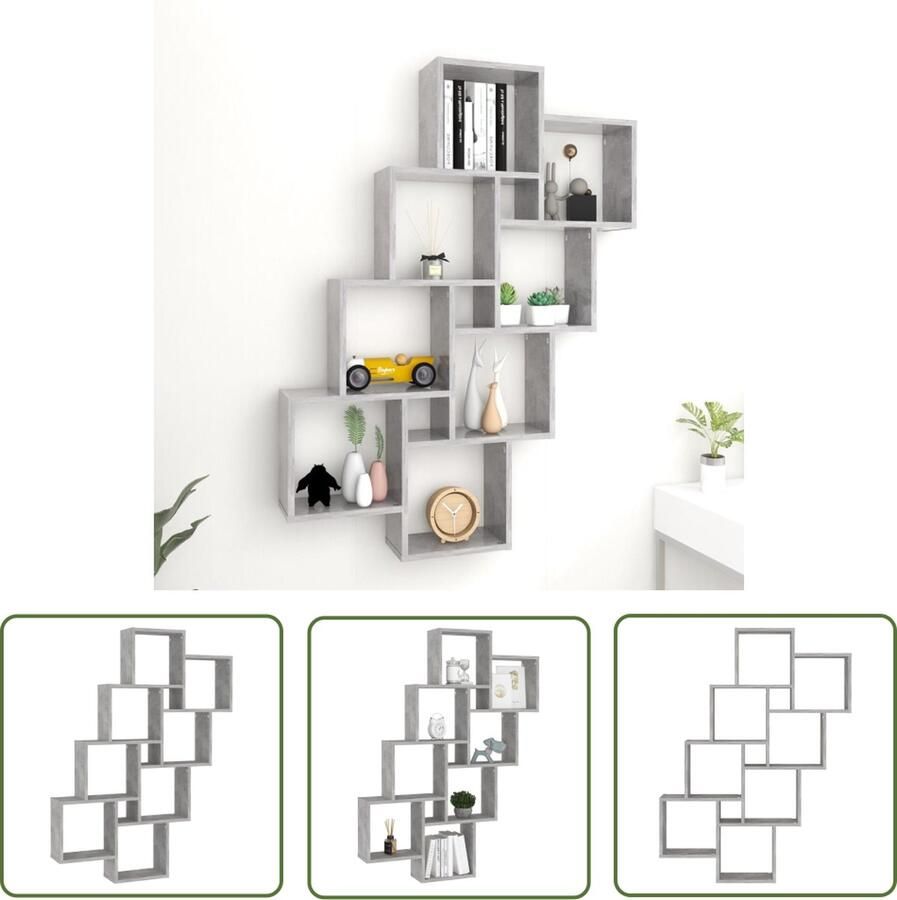 VidaXL Houten Wandplank Wanddecoratie Wandschap kubus 90x15x119 cm bewerkt hout betongrijs Bergruimte Minimalistisch Wonen Industriële Stijl